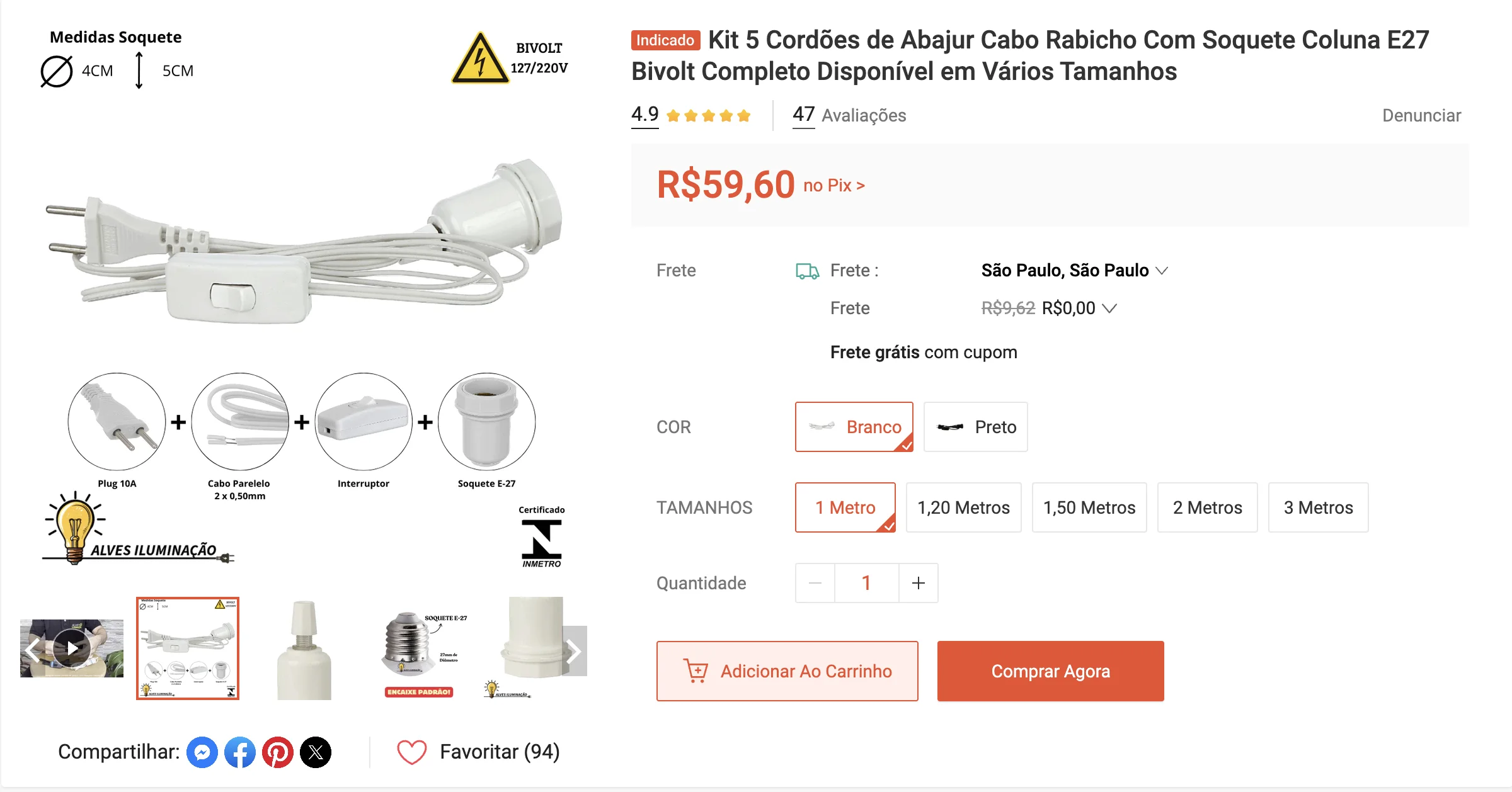Kit 5 Cordões de Abajur Cabo Rabicho